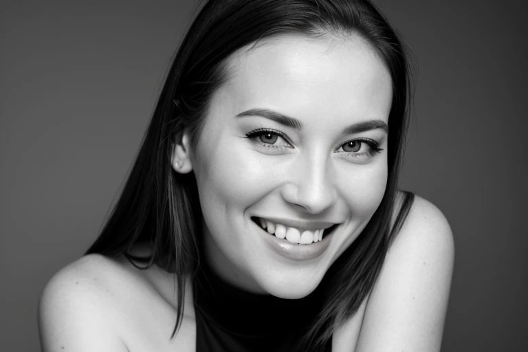 bw_kiev face portrait photo of beautiful 26 y.o woman, cute face, wearing black dress, happy face