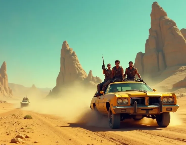 A cinematic, (ultra realistic) shot of the post-apocalyptic wasteland, reminiscent of Mad Max 3: Beyond Thunderdome, with a wide-angle lens capturing the endless expanse of dusty, blue and yellow hued terrain. The sun beats down, casting a golden glow over the barren landscape as a lone, battered vehicle - a heavily modified, flame-scarred Interceptor - speeds across the horizon, kicking up clouds of dust and debris in its wake. In the foreground, a group of rough-riding, leather-clad warriors, armed to the teeth and sporting a mix of scavenged and makeshift armor, ride pillion on the vehicle, their faces set in fierce, battle-hardened grins as they gaze out into the unforgiving distance. The sky above is a deep, blue, with towering, twisted rock formations rising up like sentinels from the earth, casting long, ominous shadows across the desert floor. The atmosphere is one of high-stakes, adrenaline-fueled adventure, with the very fabric of survival hanging precariously in the balance. Large, scrappy and rusty buildings in the background.