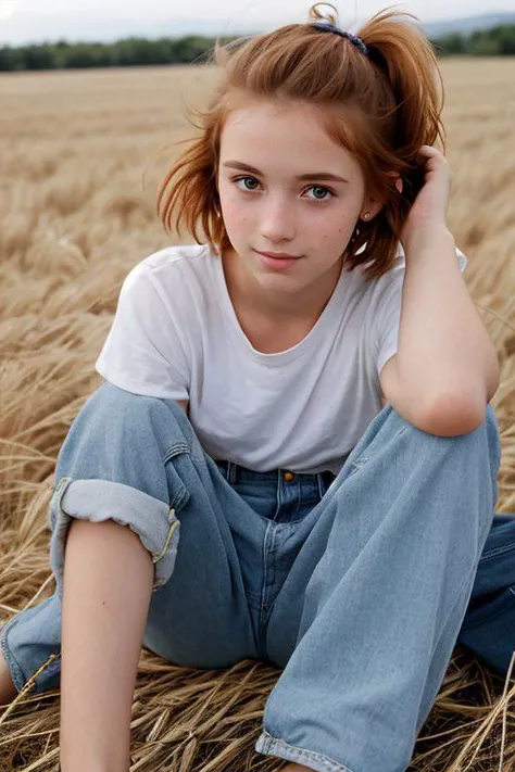 photograph of a cute18yearold american girl, blush, eyeshadow, short ginger hair ponytails, no bangs, blowing in the wind, skinny, greek sandals, wearing an nascar firesuit, wide eye gaze, slim, tall, perfect fingers, perfect toes, perfect feet, detailed face, bashful smile, in a wheat field sitting on a stump, Porta 160 color, shot on ARRI ALEXA 65, bokeh, sharp focus on subject, shot by Don McCullin,