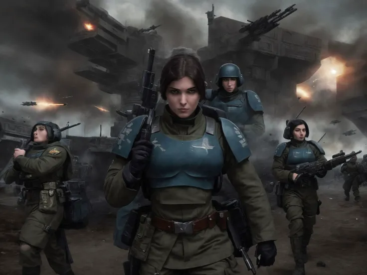 1girl, close shot professional photo of a woman, sharp focus, detailed skin texture, detailed eyes, detailed hair, <lyco:warhammer 40k imperial guardsman:.7>, rifle, sword, laser gun, blue military uniform, collar, soldier, astra militarum, imperial guard, warhammer, wh40k, <lyco:Mega:.7>, dark hair, background is a massive cityscape, battle, fighting, combat, huge explosion in the background, the distant future, 1942, color photo, <lyco:DKOK:.3> <lyco:epiNoiseoffset_v2:1.0>