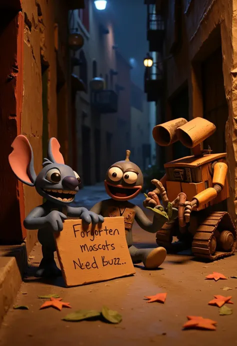 neverhoodstyle claymation, Stitch and Wall-E begging for money in a dark alley. They have a cardboard sign with the text written on it: "Forgotten mascots, need buzz"