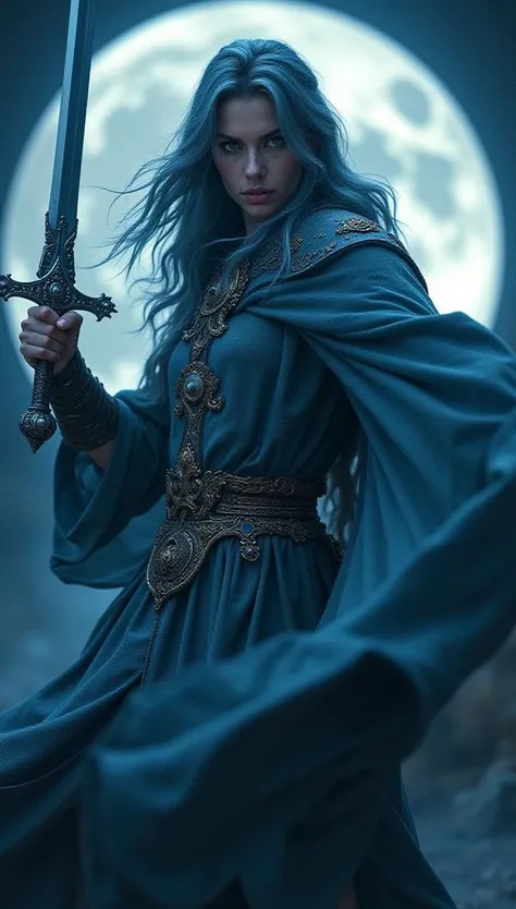A closeup of fantastical image of a moon knight, clad in flowing, flowing robes, wielding an ornate, ornate blade. Their eyes are filled with power and determination, as they wield the sword in a fluid, dynamic motion. The moon's reflection highlights their magical power