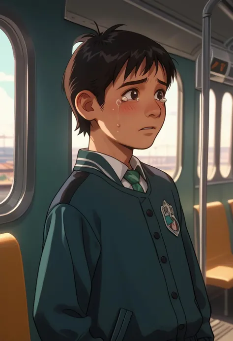 score_9, score_8, score_9, BREAK, solo, male child, miguel, mint black hair, tiny drill hair, mint black eyes, crying, blush, mint black letterman jacket outfit, hands raised, slight twist, standing straight, train station, shadow, natural lighting, upper body