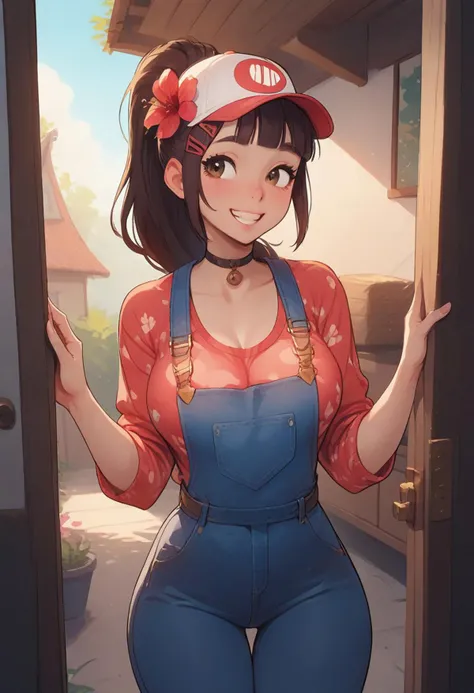 score_9, score_8_up, score_7_up, score_6_up, score_5_up, score_4_up, cute 18 year old girl, kawaii girl, perfect cute face, wide hips, thick thighs, huge bust, massive butt, super wide hips, brown hair, blunt bangs, long hair, pale skin, dark brown eyes, choker, flower hair clip, work clothes, overalls, tool belt, ball cap, ponytail
BREAK
standing, outside house, in doorway, seductive expression, smiling
BREAK