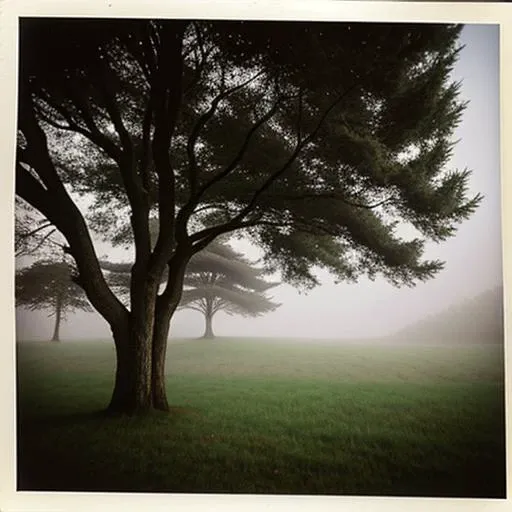 foggy sea, some trees and gras, polaroid