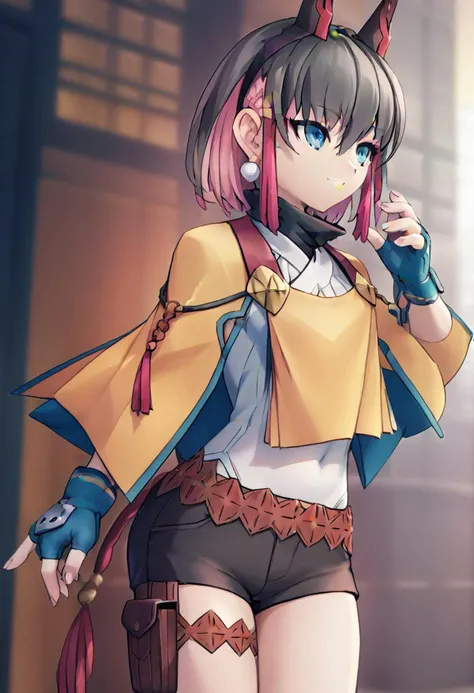 score_4,score_5,score_6,score_7_up,score_8_up,score_9
((masterpiece,best quality,ultra detailed,highres,HD,4k:1.2)),
(small breast),1 cute girl,
Kirin,,multicolored hair,black hair,pink hair,blue eyes,
Yellow jacket, white underwear,fingerless gloves,shorts,black shorts,jewelry,earrings,