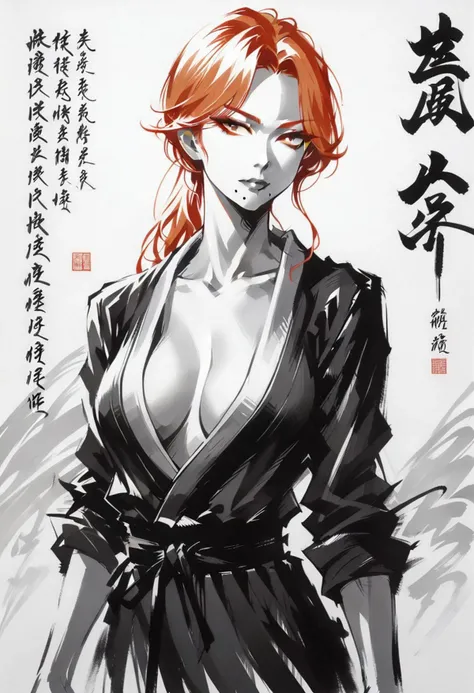 score_9, score_8_up, score_7_up,
BREAK, rangiku, 1girl, solo, long hair, cleavage, orange hair, large breasts, mole under mouth, japanese clothes,
BREAK, cowboy shot, monochrome, chinese text, japanese text,