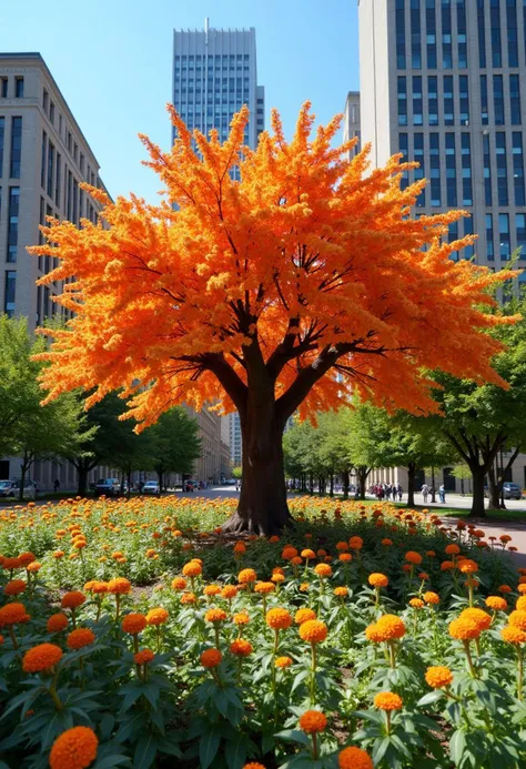 photo of a city square with a large flowering tree in vibrant orange shades in the foreground. buildings with tall windows stand in the background against a bright blue sky. The scene exudes the joyful energy of a sunny day, capturing the essence of a thriving urban garden in full bloom, with playful details and strong colors bringing the scene to life.