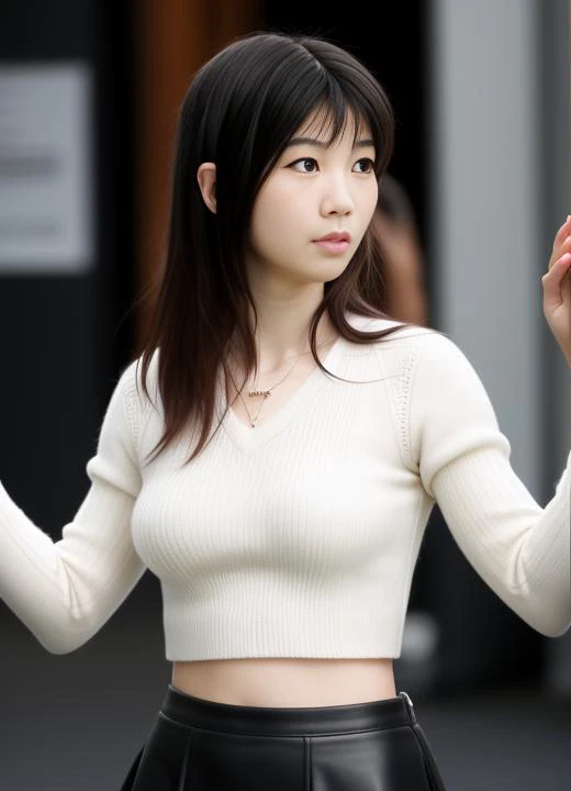 photo of R, a woman as a movie star, arms behind back, F-cup, T-shirt, leather mini-skirt, modelshoot style, (extremely detailed CG unity 8k wallpaper), trending on ArtStation, trending on CGSociety, Intricate, High Detail, Sharp focus, dramatic, photorealistic, ((movie premiere)), ((near a movie theater)), (looking at viewer:1.2), (detailed pupils:1.3), full body, looking back, on a fashion runway