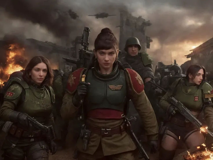 1girl, close shot professional photo of a woman, sharp focus, detailed skin texture, detailed eyes, detailed hair, <lyco:warhammer 40k imperial guardsman:.7>, rifle, sword, laser gun, red military uniform, collar, soldier, astra militarum, imperial guard, warhammer, wh40k, 3nid_15, very short hair, background is a massive cityscape, battle, fighting, combat, huge explosion in the background, the distant future, 1800s, color photo, <lyco:Lion'el MK1 by CARAXES:.3> <lyco:epiNoiseoffset_v2:1.0>