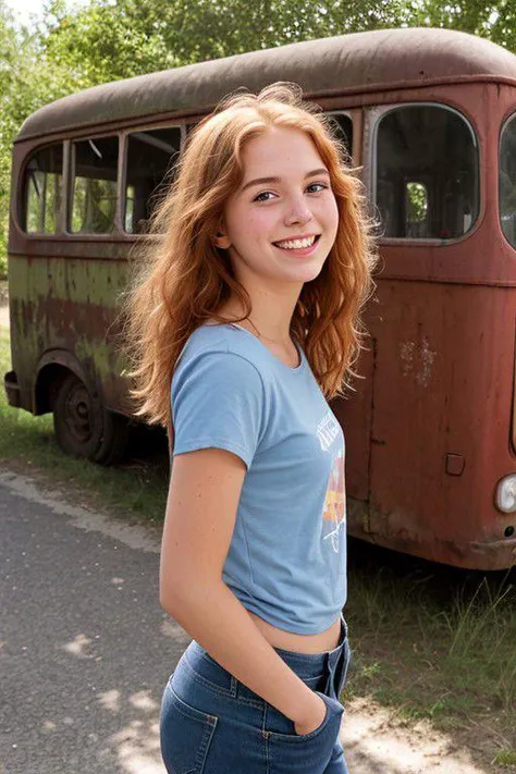 photograph of a cute20yearold american girl, blush, eyeshadow, ginger hair, no bangs, blowing in the wind, skinny, barefoot, side eye gaze, slim, tall, blue jeans, ringer tee shirt, posing outside next to an old abandoned bus, Porta 160 color, shot on ARRI ALEXA 65, bokeh, sharp focus on subject, shot by Don McCullin, big smile, giggling, side view