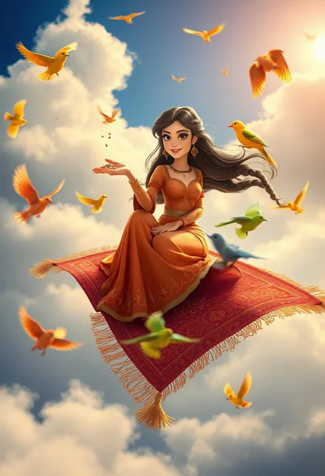 Pixar version of
A flying carpet, surrounded by small birds, in different bright colors.
On the flying carpet is a beautiful, persian female princess sitting.
She is holding out her hand, filled with seeds, for the birds to eat.
We can see the speed of the carpet, the wind is strong.
Clouds, sun, mist.