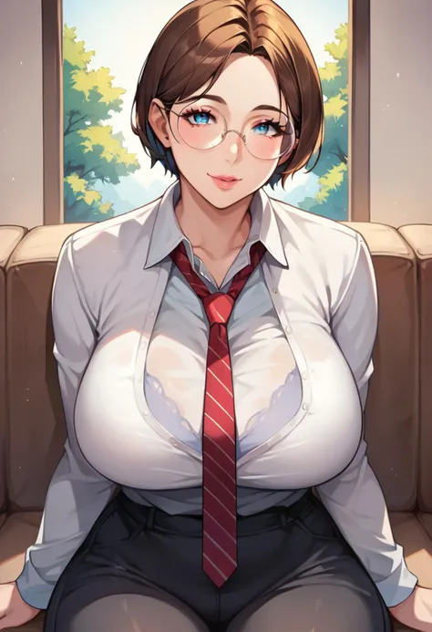 1girl, mature female, older, huge breasts, milf, motherly, wide hips, curvy, short hair, straight hair, parted bangs, brown hair, blue eyes, round eyewear, collared shirt, necktie, pants, collarbone, lips, score_9, score_8_up, score_7_up, score_6_up, source_anime, Accurate describe shapes, beautiful face, expressive eyes, looking at viewer, solo, close-up, sitting, sofa, indoors, scenery, dramatic lighting, seductive smile
