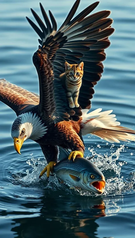 A surreal and hyper-realistic scene capturing the dramatic moment an eagle's talons grip a fish near the water's surface, with water droplets and splashes creating a dynamic and visually stunning effect. (Perched on the eagle’s back is a small cat, riding majestically as the powerful eagle:1.4), wings spread wide and feathers detailed in sharp clarity, contrasts against the glistening water. The cat's fur ripples in the wind, its eyes focused ahead as it rides with confidence. The scene is illuminated with soft, dreamlike lighting, enhancing the dramatic action and adding a whimsical touch to this captivating, award-winning photograph.