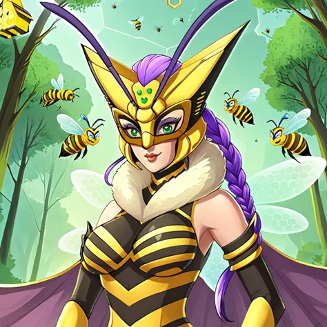 soft light,high resolution,queenbeemon with purple braided ponytail and a mask and antenna and green eyes and a cape in the woods surrounded by bees,upper body, <lora:QueenBeemonXL:0.95>