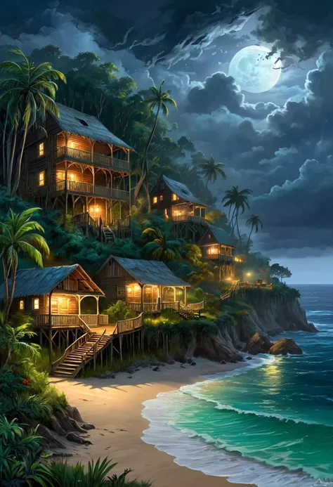 coastal forest in Jamaica. skyrimlandscapes, night, slight fog, moons, grass, (beach), (clouds), sky, storm, atmospheric, coastal town with professionally made and very comfortable two story cabins with second story decks and covered porches, and wood buildings, romantic impressionism, absurdres, scenery art, matte painting, romantic, beautiful digital painting, anime landscape, romantic painting, paintlike, dreamy,