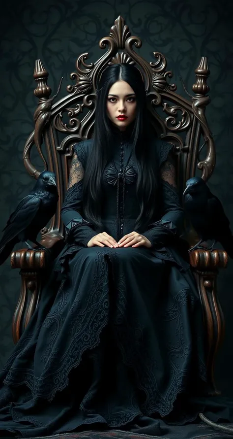 A gothic-looking woman with long black hair, wearing an elaborate dark Victorian-style dress, sitting on an antique wooden throne. She is surrounded by black-plumed crows that seem to guard her. The atmosphere is somber, with dim lighting highlighting her serious and mysterious expression,
and intricate details on her dress. The background has patterns of intertwined branches and dark leaves, suggesting an enchanted forest atmosphere or a forgotten kingdom