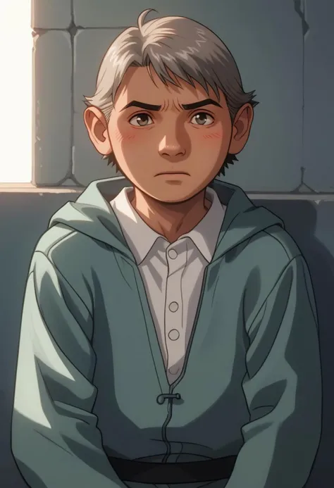 score_9, score_8, score_9, BREAK, solo, male child, miguel, mint gray hair, long straight hair, mint gray eyes, mad, blush, mint gray fur overcoat outfit, sitting, relaxed, facing camera, thunder, shadow, natural lighting, upper body