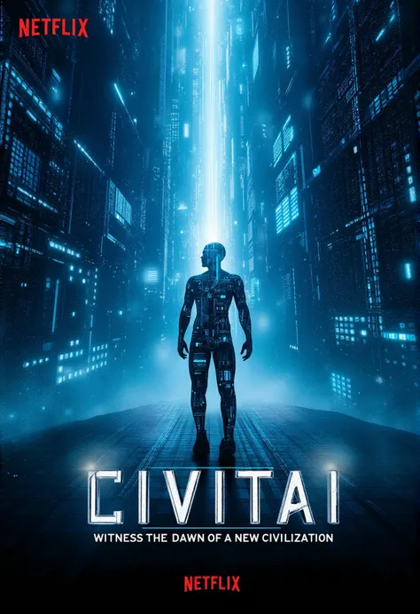 The poster showcases a striking, futuristic cityscape rising from a grid of pulsating digital code, with the skyline shaped like a massive AI circuit board. In the foreground, a larger-than-life figure stands—a human silhouette fused with intricate AI elements, like a modern-day titan representing the merging of humanity and technology. This figure gazes out over the city, which glows with neon lights and holographic projections.
Above the city, a powerful beam of light ascends into the sky, drawing the viewer's eye upward, symbolizing the unstoppable rise of CIVITAI. The title "Rise of CIVITAI" is boldly displayed at the top in a sleek, metallic font, with the word "CIVITAI" appearing to be forged from the same digital code that forms the city. The NETFLIX logo is subtly placed at the bottom, along with a tagline: "Witness the Dawn of a New Civilization."
This design captures the essence of a sci-fi epic, with an air of mystery and grandeur that hints at the powerful forces at play in the rise of a new era.