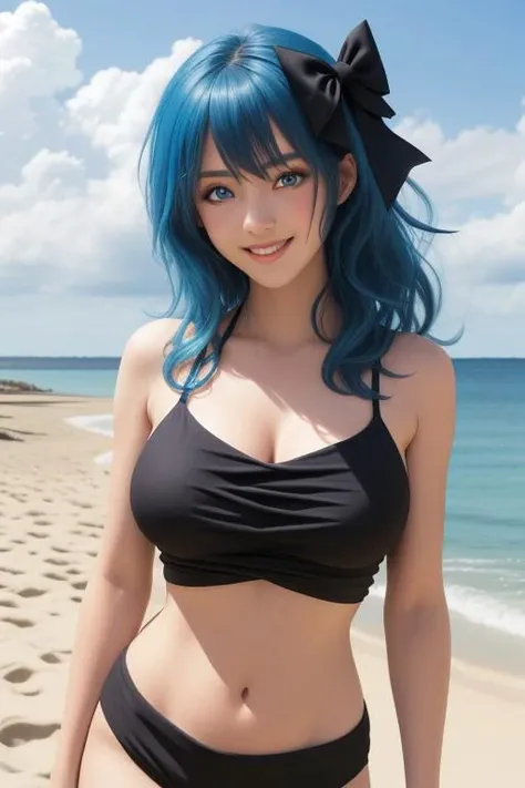 masterpiece, best quality, standing, liselottecretia, light smile, long hair, wavy hair, bangs, hair between eyes, hair bow, blue eyes, (blue hair:1), black bikini, beach lora:liselottecretia4:0.7
