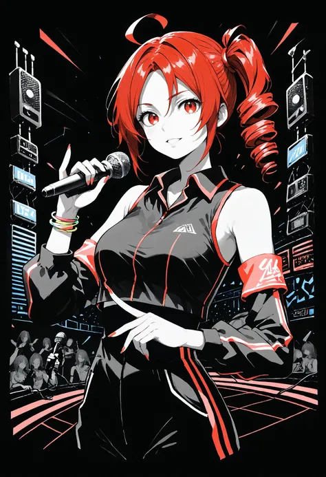 zPDXL3, source_anime, <lora:Monochrome_Neon_Glow_Style:1> monochrome, glow, neon <lora:age_slider_v4:4> <lora:StS_PonyXL_Detail_Slider_v1.4_iteration_3:3> <lora:Blacklight_Graffiti_Style_Pony:1> blgStyle, black background,detailed_background,outdoors,cropped torso,kasane teto,black sleeves,sleeveless,shirt,wing collar,red track suit,microphone,side drill,ahoge,utau,looking at viewer,sleeveless shirt,parted bangs,holding,red hair,yasutange,red eyes,:o,hair between eyes,collared shirt,drill hair,w,detached sleeves,rapping,holding microphone,black shirt,fingernails,1girl,solo