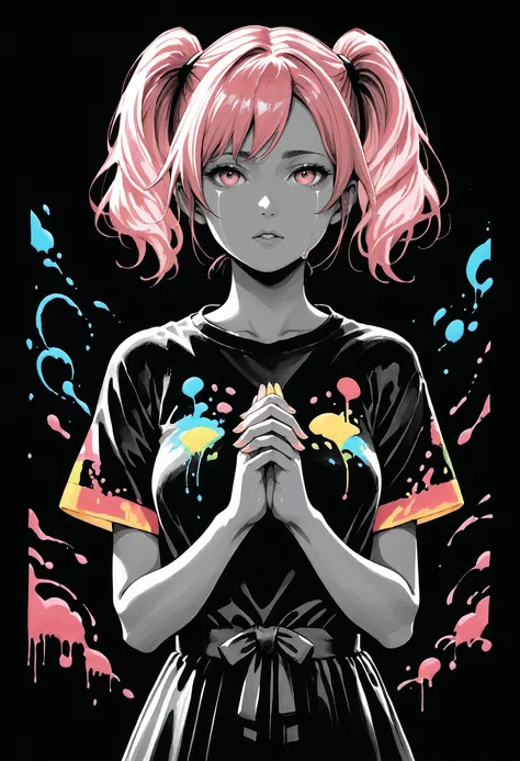 zPDXL3, source_anime, <lora:Monochrome_Neon_Glow_Style:1> monochrome, glow, neon <lora:age_slider_v4:4> <lora:StS_PonyXL_Detail_Slider_v1.4_iteration_3:3> <lora:Blacklight_Graffiti_Style_Pony:1> blgStyle, black background,detailed_background,outdoors,acrylic paint \(medium\),highres,looking at viewer,short sleeves,traditional media,momoe \(mme daigaku\),painting \(medium\),pink eyes,canvas \(medium\),crying with eyes open,1girl,crying,pink hair,solo,own hands together,upper body,parted lips,twintails,tears,glue