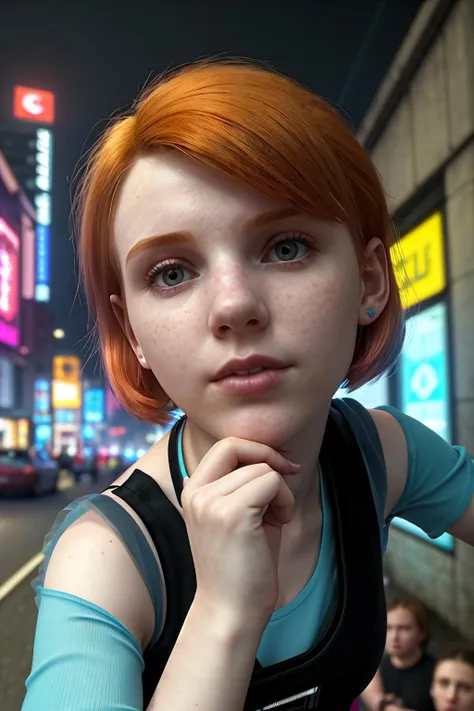 high angle camera looking down on a 24 year old british girl in a cyberpunk city street, strawberry blonde bob hair, vest top, face, headshot, looking to distance, closeup, portrait, 