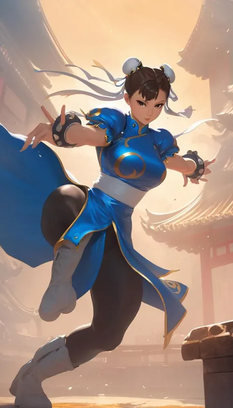 concept art Cinematic scene, hero view, Chun-Li <lora:chun-li_xl_v1:1>, action pose, detailed background, masterpiece, best quality, high quality, absurdres . digital artwork, illustrative, painterly, matte painting, highly detailed