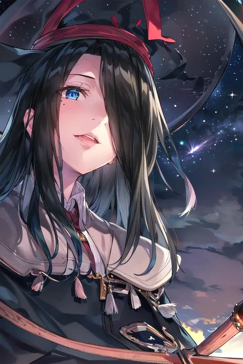 1girl, 8k, (masterpiece, best quality, direct lighting:1.2), (fisheye), (from below, low angle, sky view:1.2),
a photo of a witch of the asterism, flanmajonotabitabi, casting the great magic, detailed background, beautiful starry night, circular starlight around the brightest Polestar, (at late night, midnight:1.2), outdoors,
BREAK
luxury outfit, long robe, black witch robe, witch hat with star decoration, magic broom,
(open eyes:1.1), (beautiful detailed blue eyes:1.3), smile, mole under eye, (bangs covering one eye:1.2), very long hair, flat chest,
sfw,
<lora:flat2:-0.5>
<lora:flanmajonotabitabi-mature-v1.0:1>