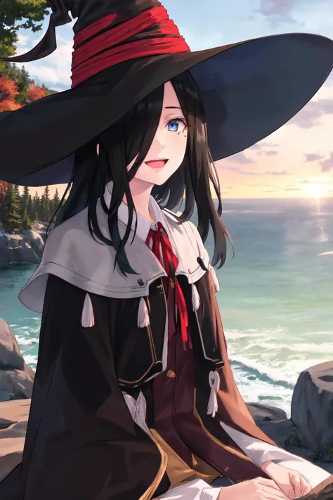flanmajonotabitabi, 1girl, mature female, open eyes, blue eyes, smile, mole under eye, bangs covering one eye, sea, open mouth, happy, star brooch, red ribbon, upper body, sitting on rocks, black hair, long hair, <lora:envybetterhandsLocon_beta2:1.0>, black witch robe, white shirt, witch hat with star decoration, mature female, impressionism, chromatic aberration, pastels, black robe, real world location, cliff, seashore, maine, national park view point, acadia national park, autumn, sunlight, dappled sunlight, teacher,
