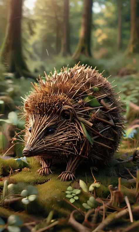 hedgehog, sitting in a lush forest, ais-sticks <lora:ais-stcks-sdxl:1.0>, <lora:- SDXL - letitflrsh_let_it_flourish_V1.0:1.0>,