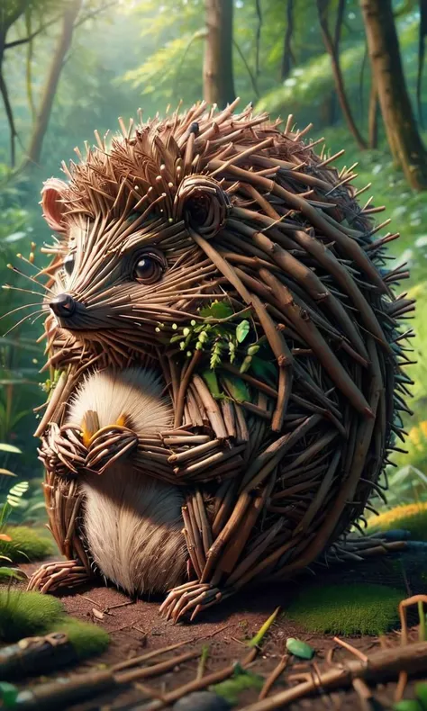 hedgehog, sitting in a lush forest, ais-sticks <lora:ais-stcks-sdxl:1.0>, <lora:- SDXL - letitflrsh_let_it_flourish_V1.0:1.0>,