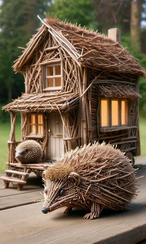 hedgehog sitting next to tiny house, ais-sticks <lora:ais-stcks-sdxl:1.0>,