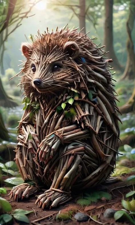 hedgehog, sitting in a lush forest, ais-sticks <lora:ais-stcks-sdxl:1.0>, <lora:- SDXL - letitflrsh_let_it_flourish_V1.0:1.0>,