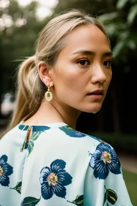 Realistic photo of a beautiful p0mkl3m-v1 woman, 1girl, solo, long hair, looking at viewer, blonde hair, shirt, brown eyes, jewelry, upper body, ponytail, earrings, parted lips, mole, lips, floral print, realistic, mole on cheek, soft lighting, professional Photography, Photorealistic, detailed, RAW, analog, sharp focus, 8k, HD, DSLR, high quality, Fujifilm XT3, film grain, award winning, masterpiece<lora:p0mkl3m-v1:1.0>