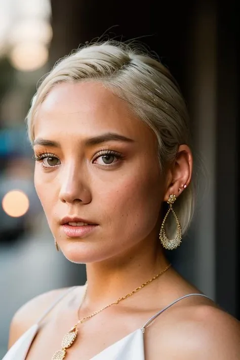 Realistic photo of a beautiful p0mkl3m-v1 woman, 1girl, solo, looking at viewer, blonde hair, dress, bare shoulders, brown eyes, jewelry, upper body, white hair, earrings, parted lips, medium hair, necklace, mole, lips, makeup, chain, forehead, eyeshadow, freckles, realistic, soft lighting, professional Photography, Photorealistic, detailed, RAW, analog, sharp focus, 8k, HD, DSLR, high quality, Fujifilm XT3, film grain, award winning, masterpiece<lora:p0mkl3m-v1:1.0>