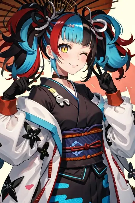 best quality, masterpiece, highres, solo, {sei_shonagon_fgo:1.15}, yellow_eyes, black_hair, multicolored_hair, twintails, red_hair, blue_hair, smile, bangs, hair_ornament, sunglasses, blush, black_nails, long_hair, breasts, one_eye_closed, 1girl, japanese_clothes, kimono, flower, gloves, looking_at_viewer, hair_flower
