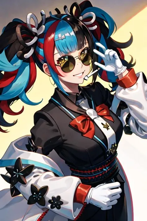 best quality, masterpiece, highres, solo, {black business suit:1.40}, {tie:1.20}, {sunglasses:1.25}, {white gloves:1.15}, {white shirt:1.10}, {black skirt:1.15}, {smoking:1.20}, handsome, {sei_shonagon_fgo:1.15}, yellow_eyes, black_hair, multicolored_hair, twintails, red_hair, blue_hair, smile, bangs, hair_ornament, blush, black_nails, long_hair, breasts, one_eye_closed
