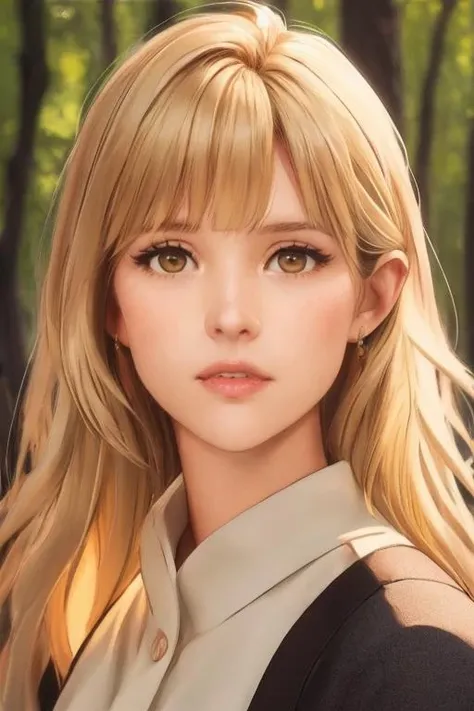 blonde hair, brown eyes, mini short, low-cut top, forest, posing, teasing, sexy ass, ultra-detailed face, ultra-detailed eyes, best quality, masterpiece, 4k, photography, realistic, dynamic light, perfect face, <lora:Angele:1>, looking at viewver