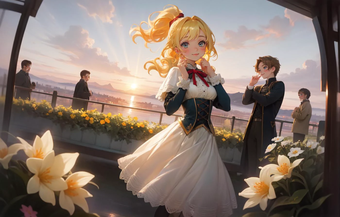 masterpiece, best quality, beautiful detailed shiny eyes, beautifully detailed skin, Depth of field, bloom, bokeh, highres, absurdres, ultradetailed, highly detailed eyes, shiny, shiny skin, bright eyes, fisheye, wide angle, audience, crowd, black legwear,
best quality, masterpiece, extremely detailed, detailed background, 1girl, solo, yellow hair, blue eyes, braid, wavy hair, fluffy hair, ponytail, french braid, blush, smile, capelet, lace trim, bodice, sunset, dusk, scenery, high place, horizon, wind, wind blow, flowerbed, hands up, depth of field, bokeh