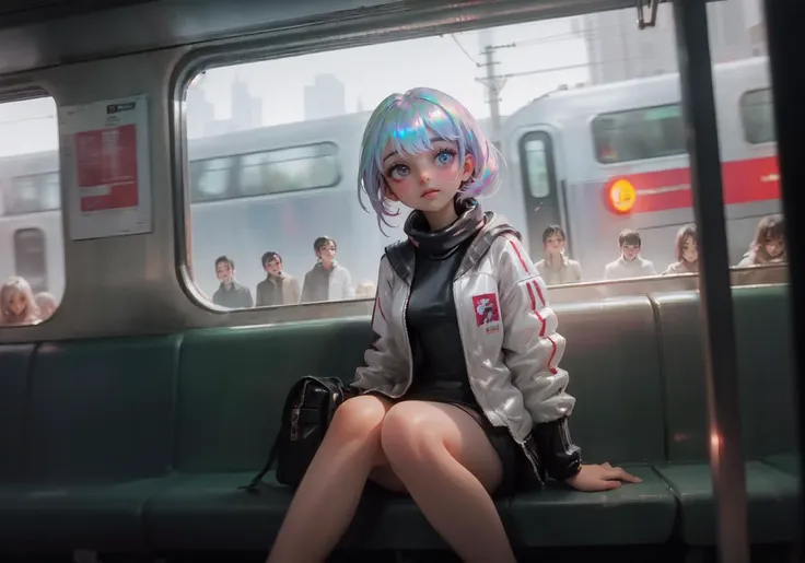 masterpiece, best quality, beautiful detailed shiny eyes, beautifully detailed skin, Depth of field, bloom, bokeh
highres, absurdres, ultradetailed,, highly detailed eyes, shiny, shiny skin, bright eyes,
(masterpiece, best quality),1girl sitting on a subway train, looking to the side, subway car door, from below, solo focus, audience, crowd, fisheye, wide angle, bodysuit, (transparent jacket iridescent, crowded train, cyberpunk), miniature city
<lora:3dstyler:0.2>, <lora:3dpush:0.3>