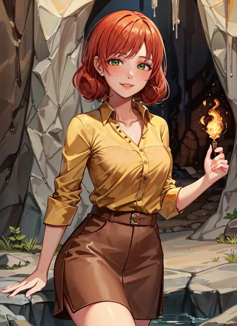 ((best quality)), ((highly detailed)), masterpiece, absurdres, (detailed eyes, deep eyes), (1girl), cowboy shot, <lora:penny:.8>, penny, orange hair, short hair, green eyes, smiling, yellow shirt, skirt, (in a dark stone cave, stalagmite, stalactites, dusk)