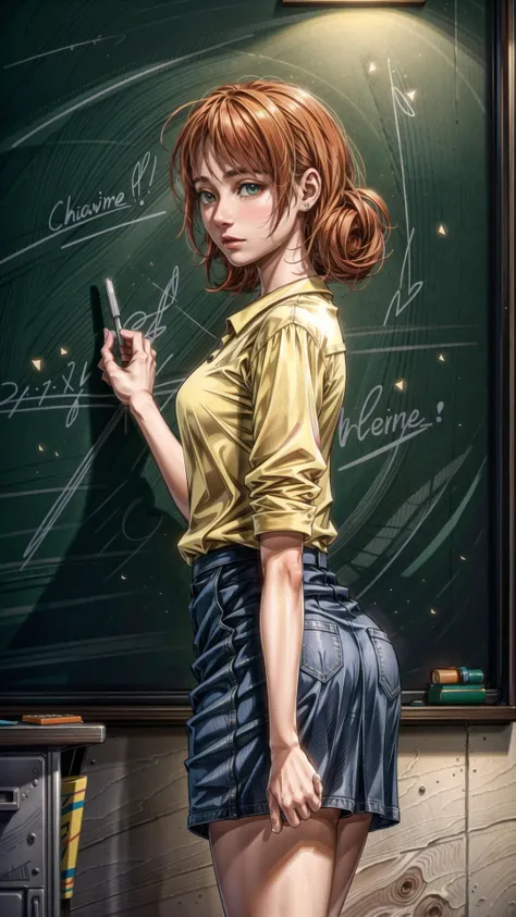 <lora:penny:0.7> penny, orange hair, green eyes, short hair, BREAK,  <lora:add_detail:0.6> BREAK,
(yellow shirt, skirt), BREAK,  <lora:POVpizarra:0.4> (POVpizarra, chalkboard, teacher,),, masterpiece, best quality, hyperrealistic, extremely detailed, highly quality, 4k, sharp focus, professional photograph, sharp focus, award winning, cinematic lighting, octane render, unreal engine, volumetrics dtx, Wallpaper,