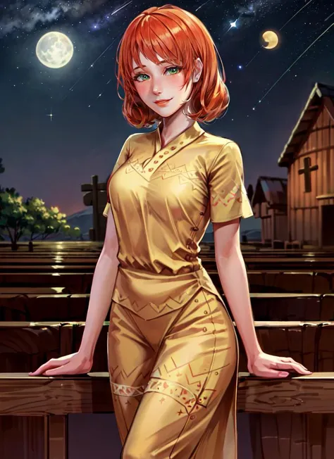 ((best quality)), ((highly detailed)), masterpiece, absurdres, extremely detailed face, beautiful face, (detailed eyes, deep eyes), <lora:more_details:.4>, (1girl), cowboy shot, <lora:penny:1>, penny, orange hair, short hair, green eyes, smiling, gown, (in a church, evening, night sky, stars, multiple moons, shooting star)