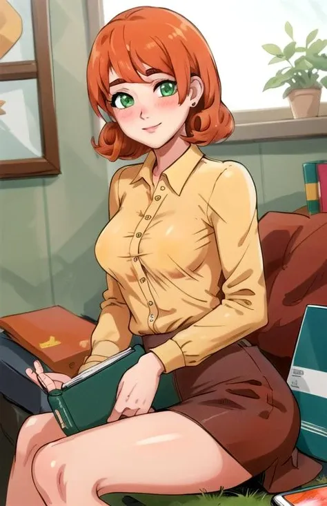 best quality, (masterpiece),(ultra-detailed), (high quality), (high resolution), <lora:penny-10:0.7>,1girl, bangs,blush, book, breasts, cellphone, closed mouth, earrings, grass, green eyes, indoors, looking at viewer, medium breasts, miniskirt, orange hair, penny, shirt, signature, sitting, skirt, smile, solo, stud earrings, white background