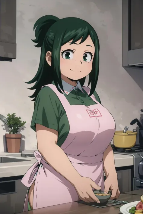 best quality, masterpiece, portrait, 
1girl, midoriya inko, green hair,  short hair, short ponytail, green eyes, large breasts, curvy, plump, shirt, apron, indoors, kitchen, looking at viewer, smile,
<lora:Kizuki - My Hero Academia - Midoriya Inko - Alternative:0.9>