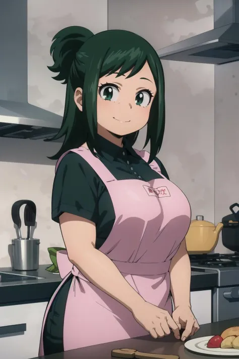 best quality, masterpiece, portrait, 
1girl, midoriya inko, green hair,  short hair, short ponytail, green eyes, large breasts, curvy, plump, shirt, apron, indoors, kitchen, looking at viewer, smile,
<lora:Kizuki - My Hero Academia - Midoriya Inko:0.9>