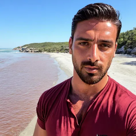 close-up photo of m1chele a man, beard, wearing a red shirt, at a beach,  <lora:Michele_Morrone_SDXL-2:1>
