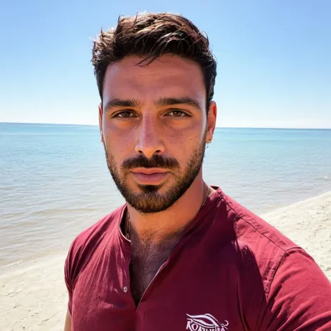 close-up photo of m1chele a man, beard, wearing a red shirt, at a beach, <lora:Michele_Morrone_SDXL-2:.9>