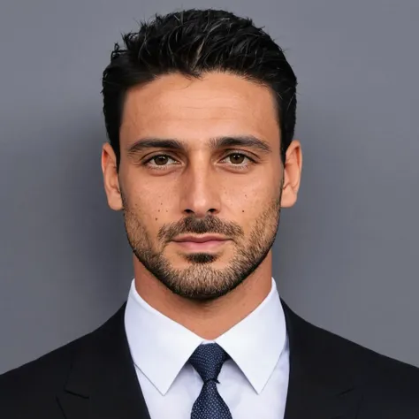close-up photo of m1chele a man, portrait, suit and tie, looking at viewer, gray background, black and white photo, <lora:Michele_Morrone_SDXL-2:.9>